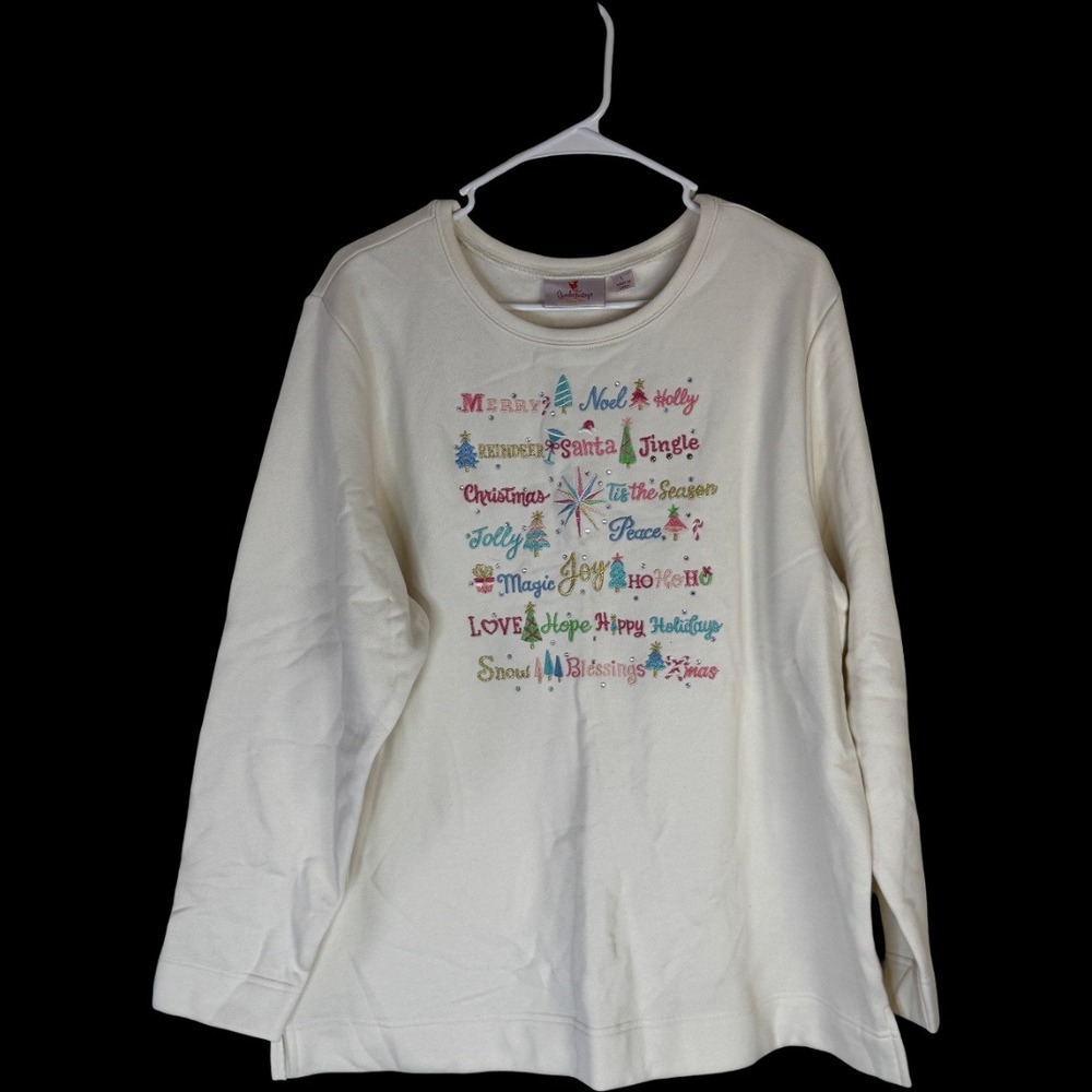 Quacker Factory Christmas Sweatshirt Women Large Cream Embroidered Rhinestone AE
